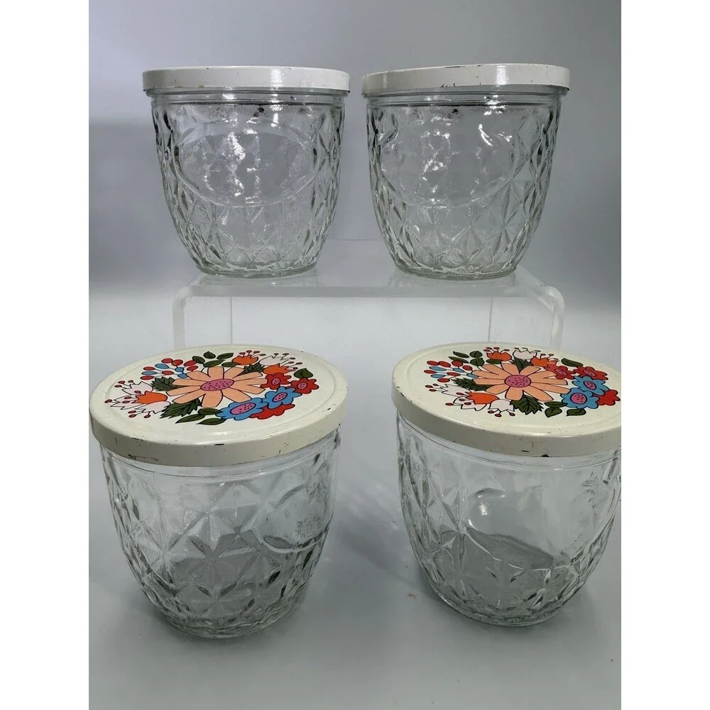 1960's Ball Quilted Glass #810 Jelly Jars White Floral Metal Caps Set 4 MCM